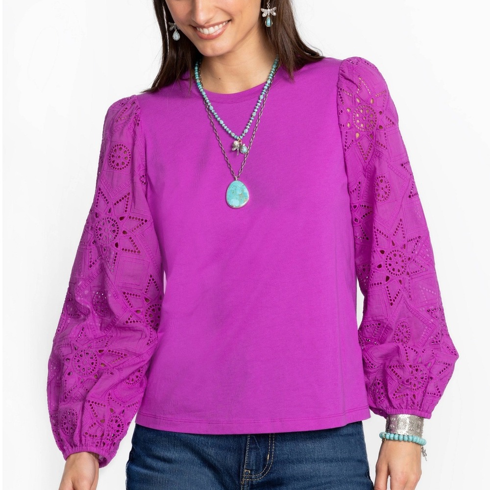 Jade by Johnny Was Purple Nora Long Sleeve Easy Tee Eyelet Size Medium